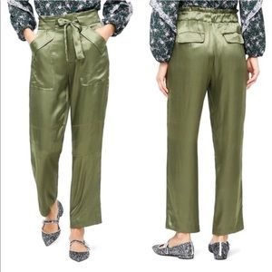 NWT J CREW Satin Drapey Tie Waist Frosty Olive Cargo Pant